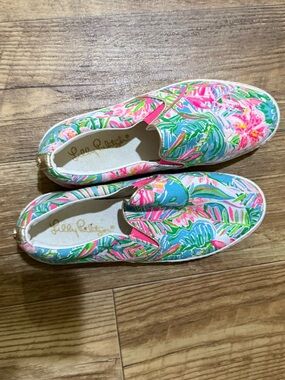 Lilly Pulitzer Pink Teal Floral Slip-On Canvas Sneakers
